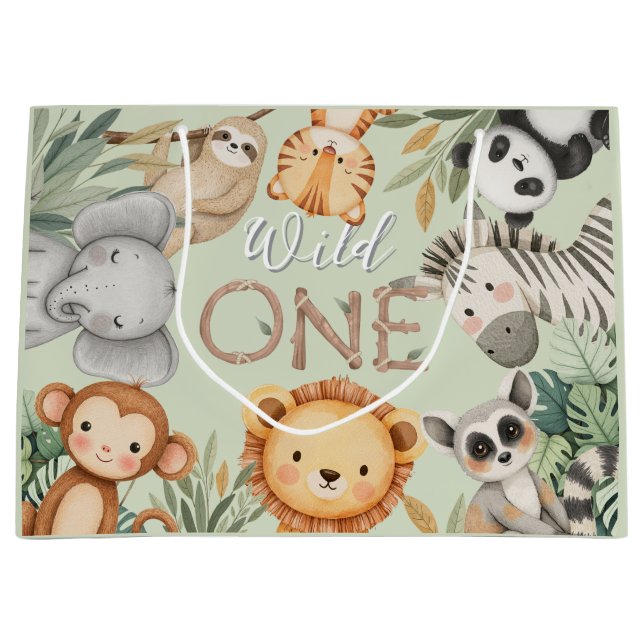 Pastel Tropical Wild One Jungle Safari Animals  Large Gift Bag (Front)