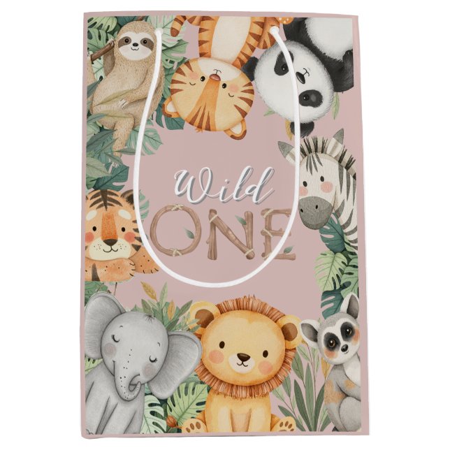 Pastel Tropical Wild One Jungle Safari Animals  Medium Gift Bag (Front)