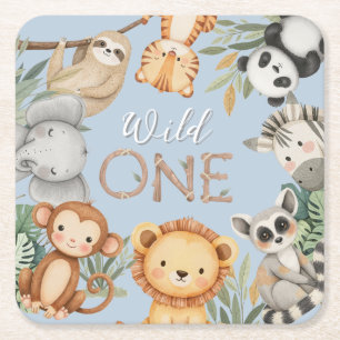 Pastel Tropical Wild One Jungle Safari Animals Square Paper Coaster