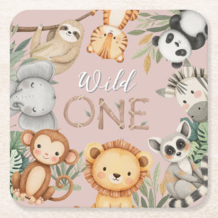 Pastel Tropical Wild One Jungle Safari Animals Square Paper Coaster