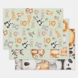 Pastel Tropical Wild One Jungle Safari Animals Wrapping Paper Sheet