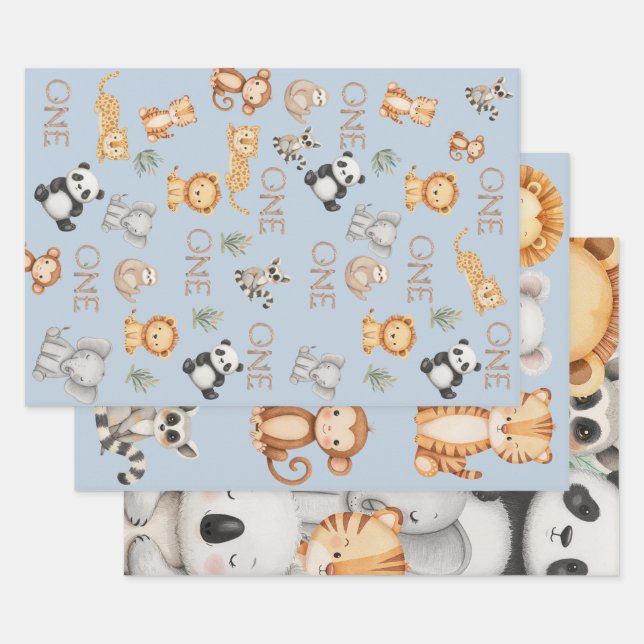 Pastel Tropical Wild One Jungle Safari Animals  Wrapping Paper Sheet (Set)