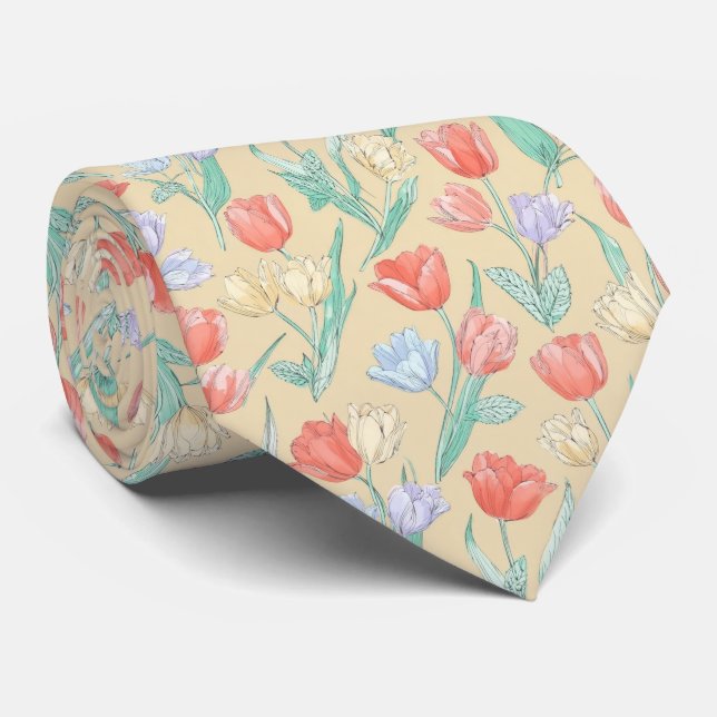 Pastel Tulip Bloom Pattern Tie (Rolled)