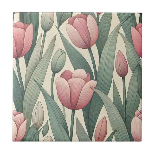 Pastel Tulip Garden Pattern Illustration Tile (Front)