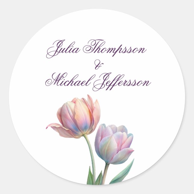 Pastel Tulip Wedding Suite Elegant Typography Classic Round Sticker (Front)