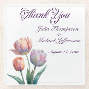 Pastel Tulip Wedding Suite Elegant Typography Glass Coaster