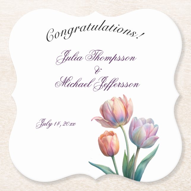 Pastel Tulip Wedding Suite Elegant Typography Paper Coaster (Front)