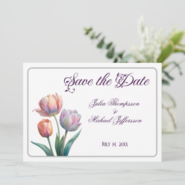 Pastel Tulip Wedding Suite Elegant Typography Save The Date (Standing Front)