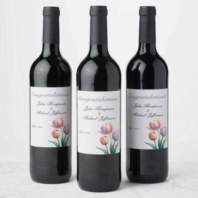 Pastel Tulip Wedding Suite Elegant Typography Wine Label (Bottles)