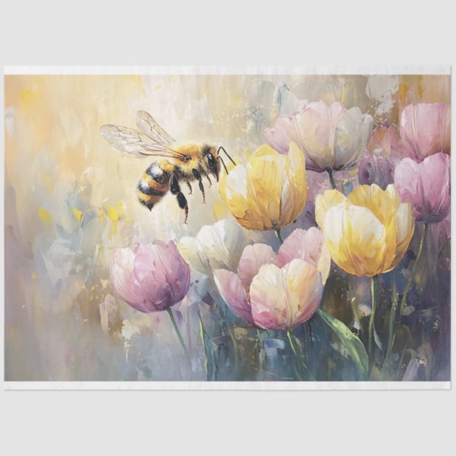 Pastel Tulips and a Honey Bee Decoupage Tissue Paper (Front)