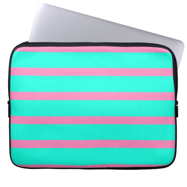 Pastel Turquoise Blue-green And Pink Stripes Laptop Sleeve (Front)