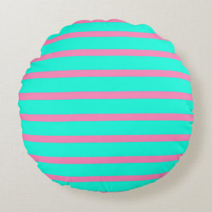 Pastel Turquoise Blue-green And Pink Stripes Round Cushion