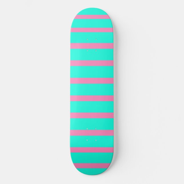 Pastel Turquoise Blue-green And Pink Stripes Skateboard (Front)