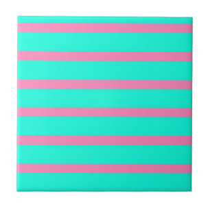 Pastel Turquoise Blue-green And Pink Stripes Tile