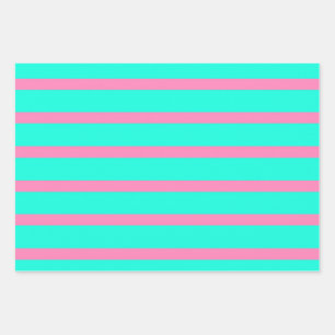 Pastel Turquoise Blue-green And Pink Stripes Wrapping Paper Sheet