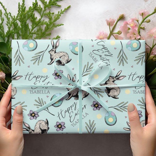 Pastel Turquoise Blue Happy Easter Bunnies Wrapping Paper (Cute Turquoise Blue Happy Easter Wrapping Paper for Kids with Custom Name, Easter Bunnies & Eggs)