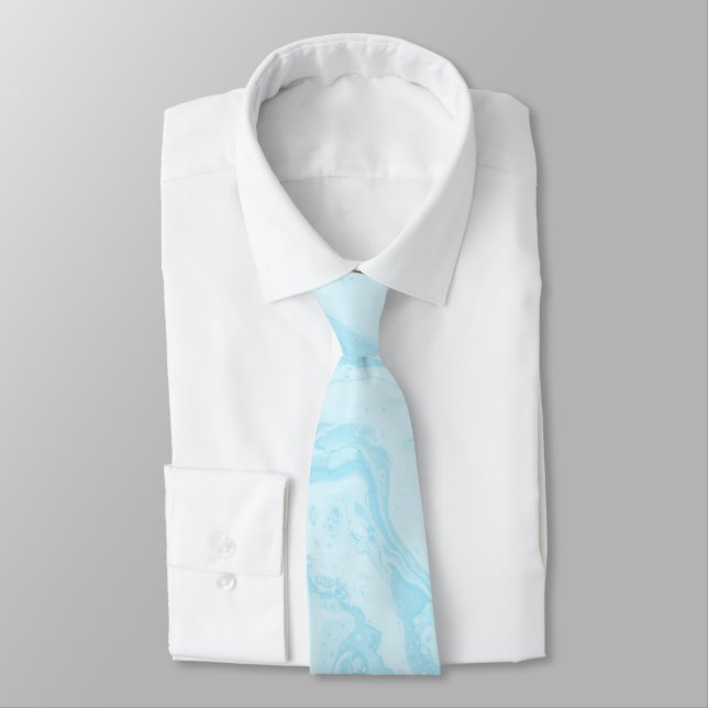 Pastel Turquoise Blue Marble Liquid Ink Pattern Tie (Tied)