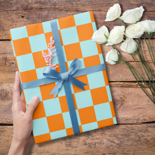 Pastel Turquoise Orange Chequered Chequerboard Wrapping Paper