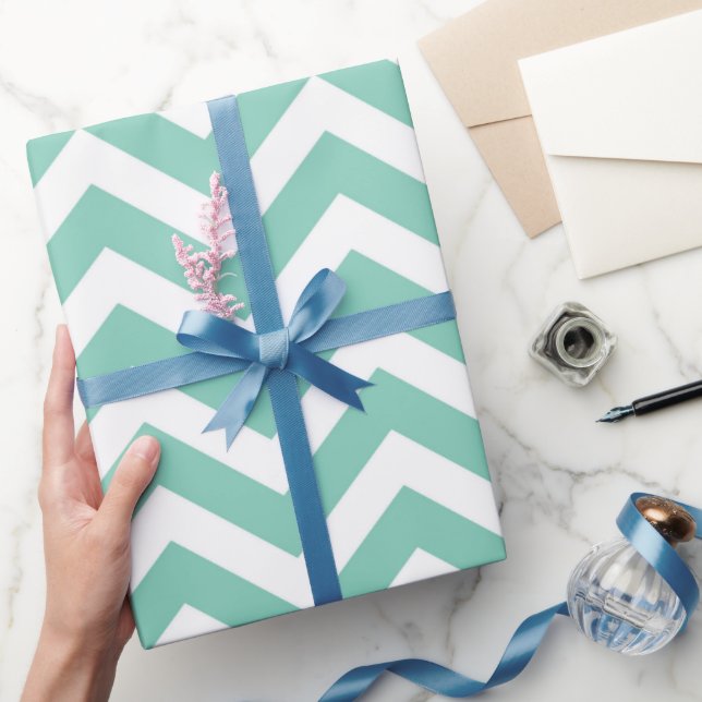 Pastel Turquoise & White Chevron Wedding Birthday Wrapping Paper (Gifting)