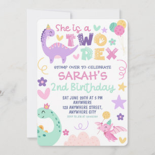 Pastel Two Rex Dinosaur 2nd Birthday Party Invitation