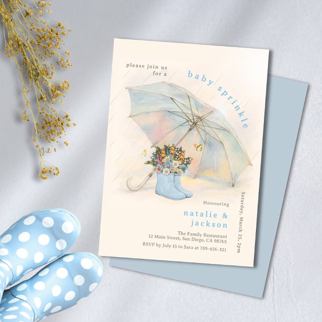 Pastel Umbrella Floral Blue Boots Baby Sprinkle Invitation (Pastel Umbrella Floral Blue Boots Baby Sprinkle Invitation)