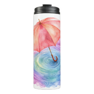 Pastel Umbrella Rain Ripples Watercolor Art Thermal Tumbler