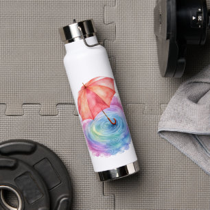 Pastel Umbrella Rain Ripples Watercolor Art Water Bottle