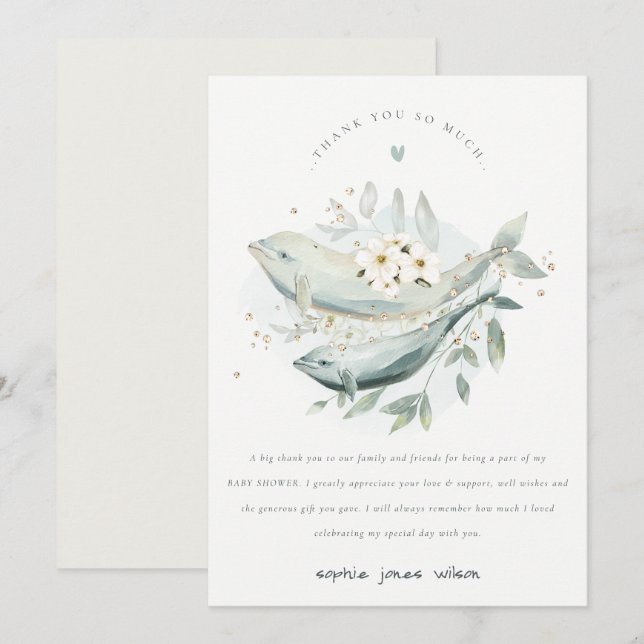 Pastel Underwater Floral Whale Fish Baby Shower Thank You Card (Front/Back)