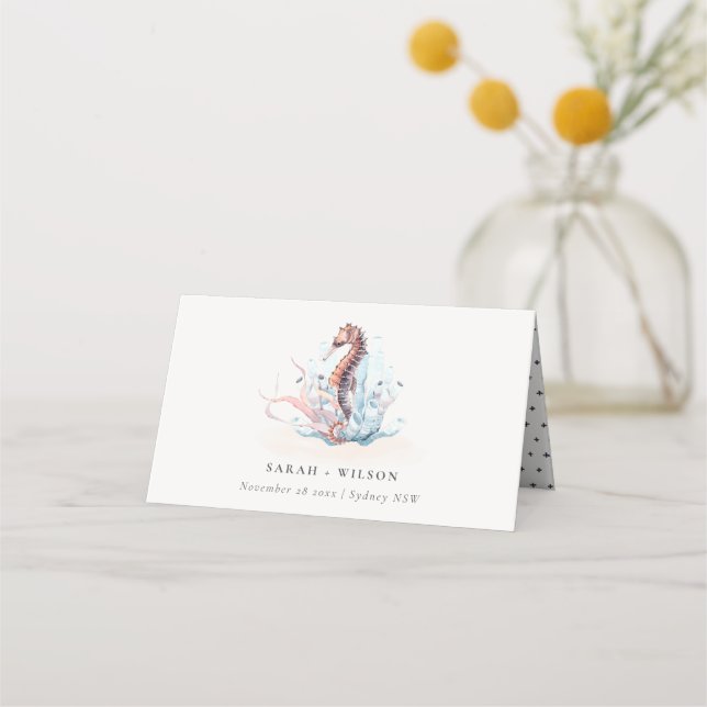 Pastel Underwater Seahorse Seaweed Coral Wedding Place Card (Front)