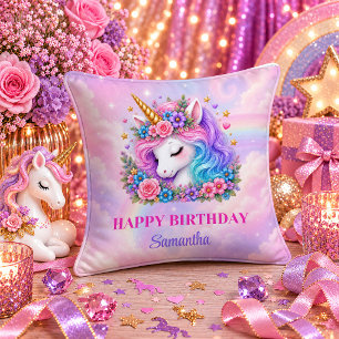 Pastel Unicorn Birthday Girl Pink Purple Pillow Ar