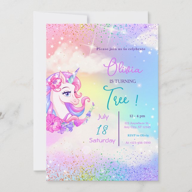 Pastel Unicorn Birthday Invitation  Birthday Party (Front)