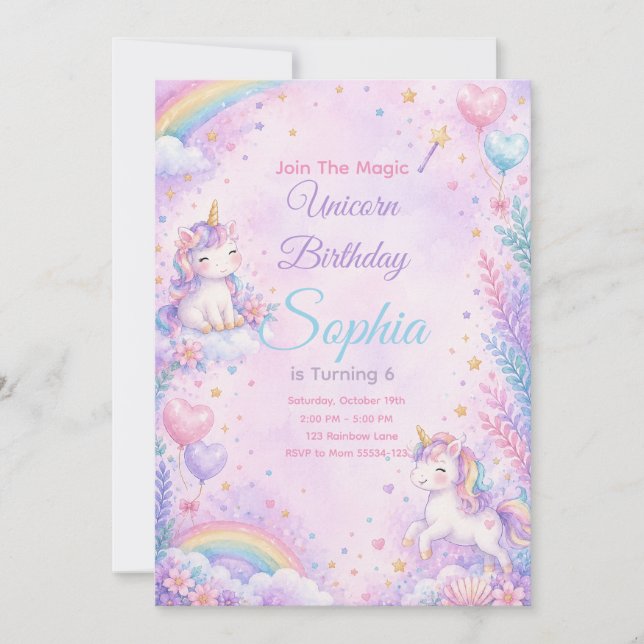 Pastel Unicorn Birthday Invitation Editable (Front)