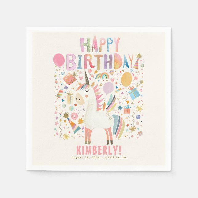 Pastel Unicorn Cute Modern Birthday Party Napkin (Front)