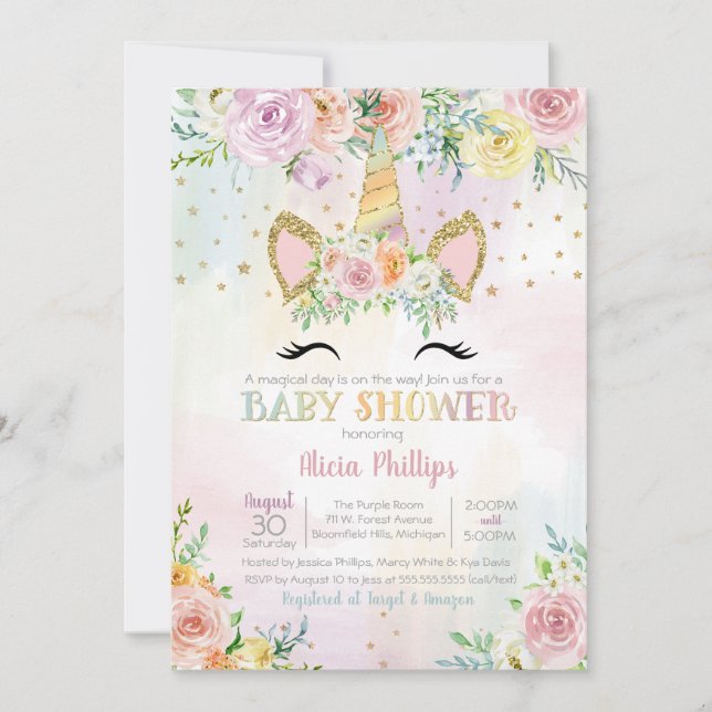 Pastel Unicorn Floral Baby Shower Invitation (Front)