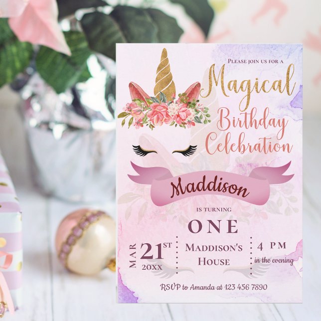 Pastel Unicorn  Floral Birthday Party Invitation (Pastel Unicorn Floral Birthday Party Invitation)