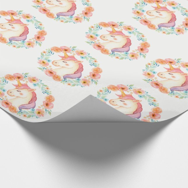 Pastel Unicorn, Floral Wreath Wrapping Paper (Corner)