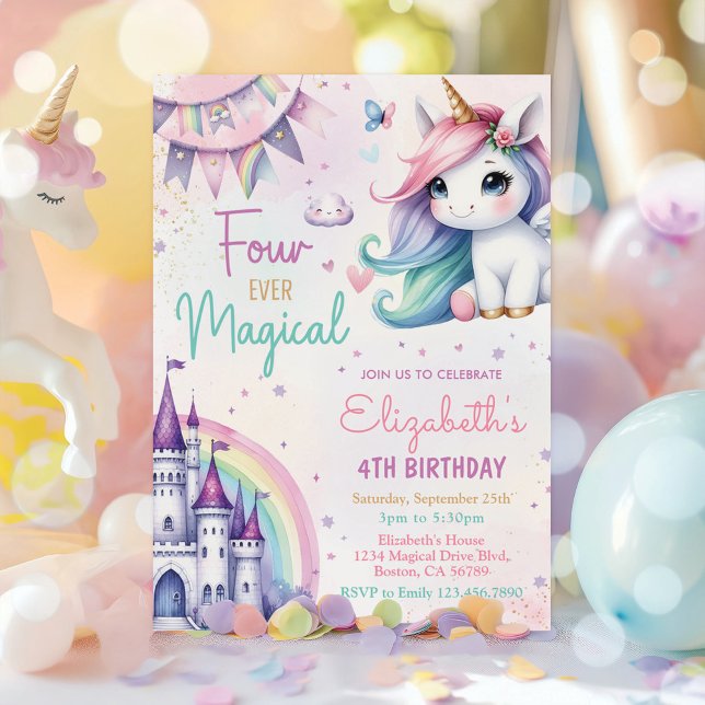 Pastel Unicorn Four Ever Magical 4th Birthday  Invitation (Creator Uploaded)