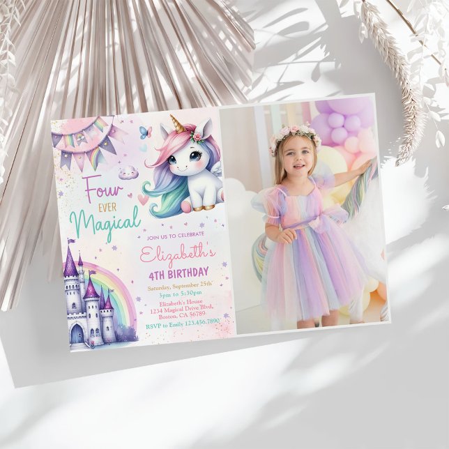 Pastel Unicorn Four Ever Magical Birthday Photo Invitation (Creator Uploaded)