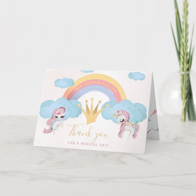 Pastel unicorn girls birthday photo thank you card (Front)