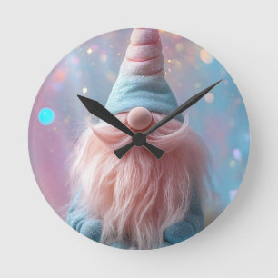 Pastel Unicorn Gnome / Gonk with Fluffy Pink Beard Round Clock