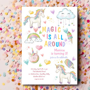 Pastel unicorn magic is all around kids birthday invitation