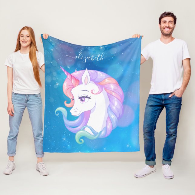 Pastel Unicorn Pony Blue Sparkle Stars Girly Fleece Blanket (In Situ)