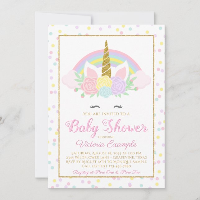 Pastel Unicorn Rainbow Baby Girl Shower Invitation (Front)