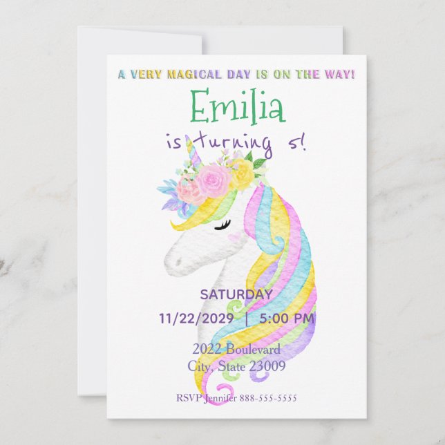 Pastel Unicorn Rainbow Birthday Invitation (Front)