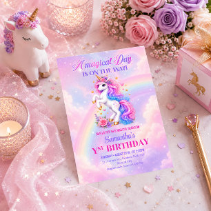 Pastel Unicorn Rainbow Girl Birthday Invitation