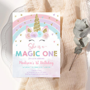 Pastel Unicorn Rainbow Gold First Birthday Invitation