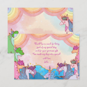 Pastel Unicorn rainbows Kids Birthday Thank You Card