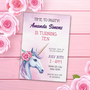 Pastel Unicorn Rose Floral Girl Tenth Birthday Invitation
