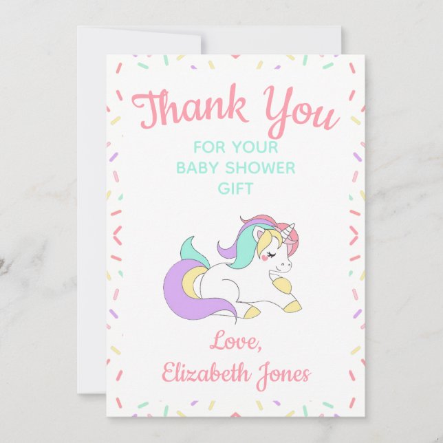 Pastel Unicorn Sprinkle Baby Shower Thank You Card (Front)