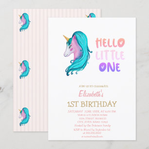 Pastel Unicorn Striped Hello Little One Birthday Invitation